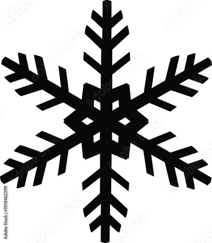A black and white image of a snowflake with intricate symmetrical patterns
