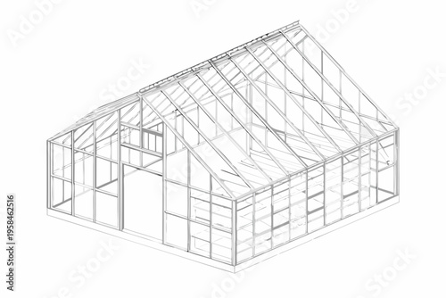 Isometric drawing of a transparent greenhouse with a gabled roof