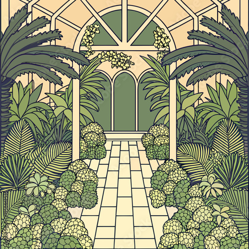 An ornate greenhouse or conservatory with lush tropical plants inside