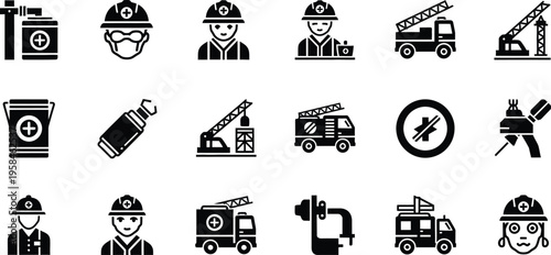 Collection of firefighter and fire truck icons