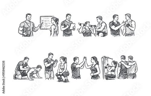 Diverse fitness activities and personal training sessions illustrated in a sketch style