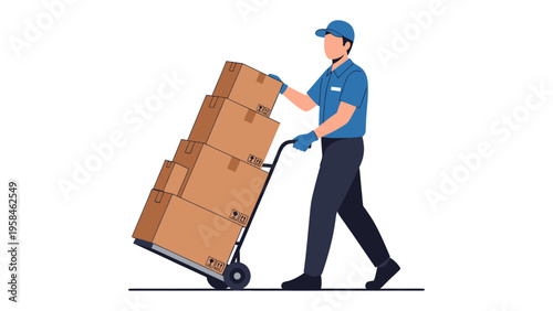 Delivery Driver with Load: A delivery driver navigates with a dolly piled high with packages, symbolizing swift and dependable logistics, ready to deliver goods to their destination.