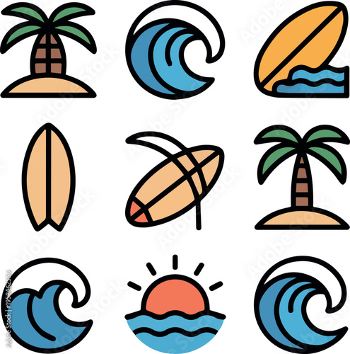 Need kinds of Surf and beach icon vector set with tropical elements like palm trees, waves, surfboards, and sun. Perfect for summer designs, t-shirts, posters, stickers, and coastal branding no Backgr