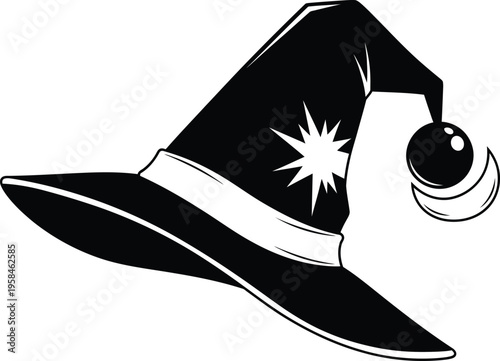 A black wizard hat with a white star and a decorative ball on the end of the hat's tip
