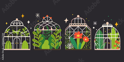 Four decorative greenhouses filled with vibrant plants against a dark backdrop