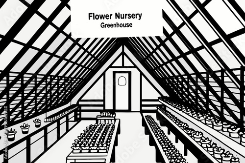Illustration of a flower nursery greenhouse with rows of potted plants