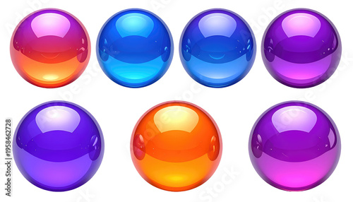 Eight colorful, translucent spheres arranged in two rows of four, each with a vibrant gradient and glossy, reflective surfaces on a black backdrop