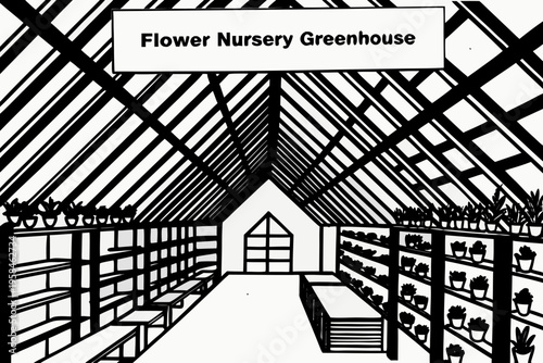 A black and white illustration of a greenhouse filled with potted plants