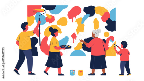 Family Collaborative Mural: A multigenerational family, united by their shared passion for art, collaborates in creating a vibrant mural, showcasing creativity, togetherness, and artistic expression.