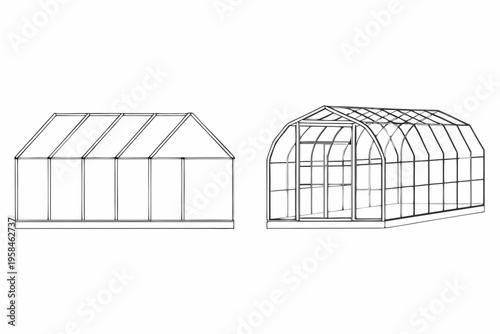 Line drawing of two different greenhouse designs side and front views