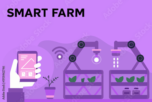 Smart farm illustration featuring robotic arms plants and a mobile interface