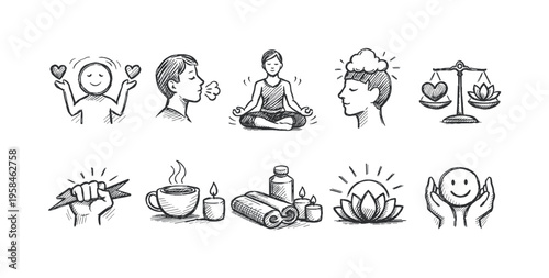Collection of hand-drawn icons representing wellness, mindfulness, and positive emotions