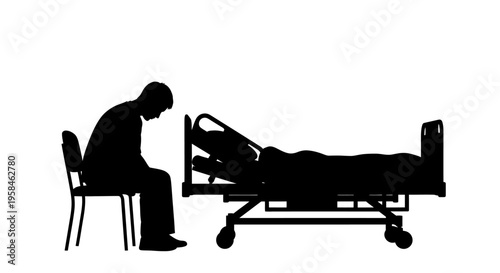 Man sits beside hospital bed with patient conveying concern and care