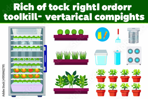 Indoor gardening equipment and systems illustrated in a colorful graphic