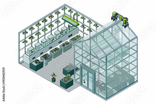 Isometric illustration of a modern greenhouse with automated growing systems