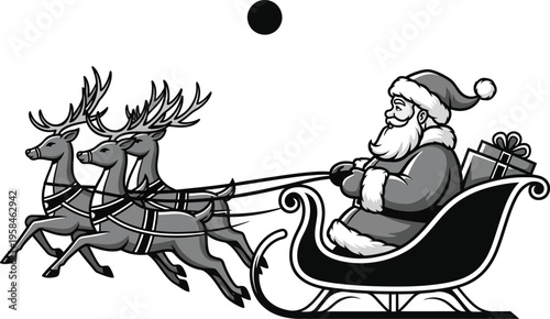 Santa claus riding in sleigh pulled by reindeer under a moonlit sky