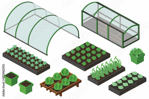 Isometric illustration of greenhouses garden beds and various produce