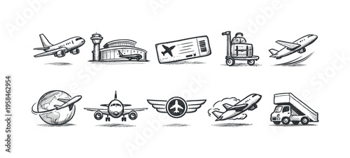 Collection of hand-drawn aviation icons representing travel and airport services