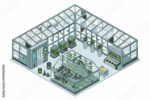 Isometric illustration of a modern greenhouse filled with plants and equipment