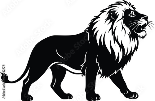 A black and white illustration of a roaring lion