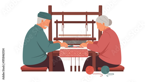 Artisans at Work: A serene illustration showcases an elderly couple deeply engrossed in the art of weaving, their skilled hands and dedicated expressions a testament to their craft.