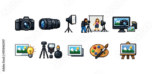 Pixel art icons representing photography equipment and creative process
