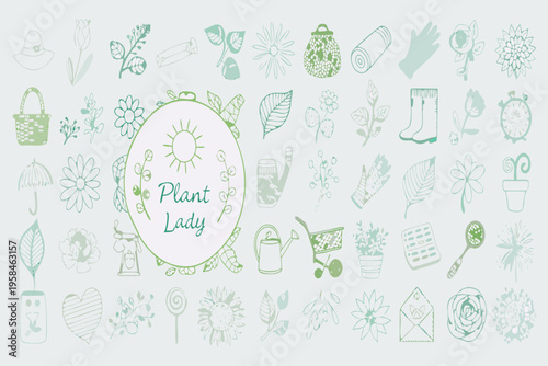 A collection of hand drawn gardening and floral themed doodles