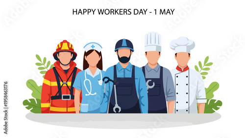 Celebration of Labor: A diverse group of essential workers stand together in solidarity, representing a spectrum of professions in a vibrant illustration to honor labor day.