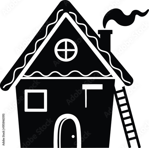 A simple black and white illustration of a house with a ladder and smoke coming out of the chimney