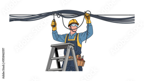 Wiring Wizard: A skilled electrician, standing atop a ladder, meticulously inspects and works on complex electrical wiring, ensuring safety and precision in their craft.