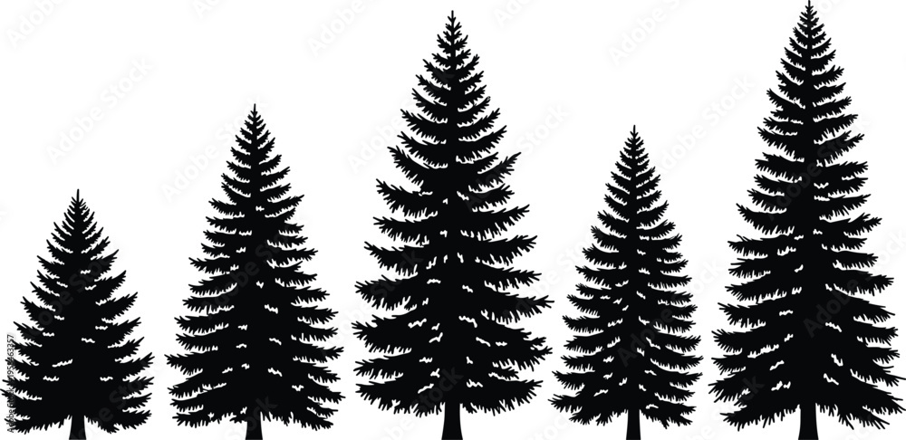 Obraz premium Pine Tree Silhouette Vector Collection Featuring Detailed Black Evergreen Conifer Fir and Spruce Trees for Nature Landscape Design and Winter Forest Graphic Elements