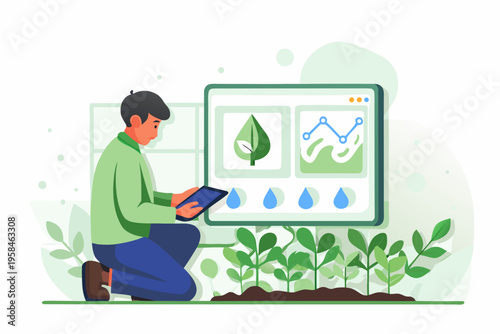 Man analyzing environmental data on a tablet with plant visualizations