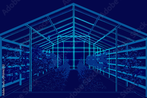 Blueprint of a greenhouse interior with plants and shelving units