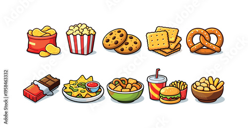 Collection of popular snack foods and fast food items in a cartoonish style