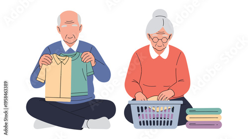 Generational Comfort: An elderly couple engages in the simple act of folding laundry, their focused expressions conveying a sense of serenity and the shared rhythm of domestic life.