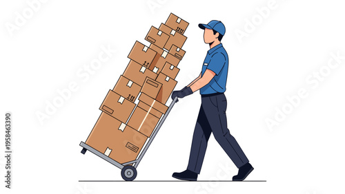 Logistics and Delivery: A delivery person skillfully maneuvers a hand truck laden with neatly stacked cardboard boxes, embodying efficiency and reliability in the realm of transport and logistics. 