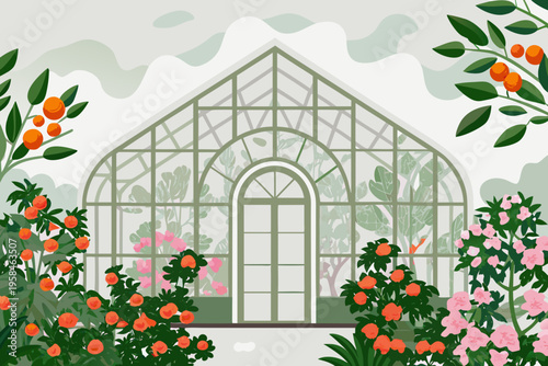 A charming greenhouse stands amidst lush greenery and blooming orange plants