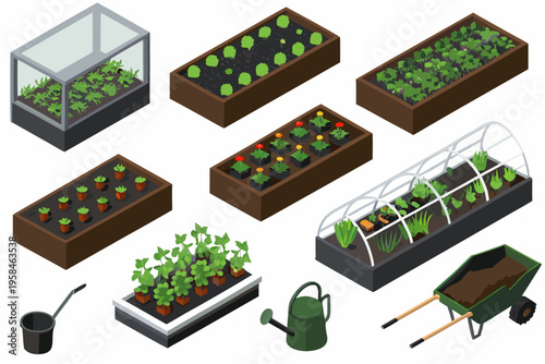 Isometric garden beds and tools displaying various plants and growth stages