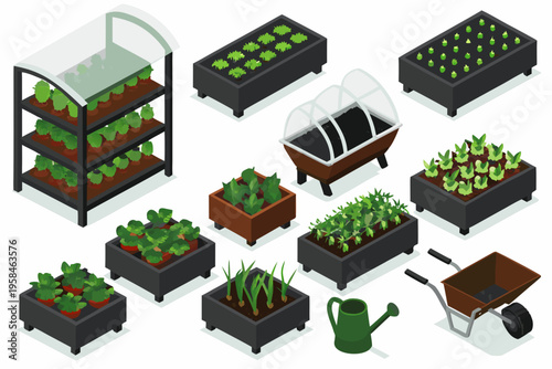 Isometric illustration of garden beds greenhouse and gardening tools