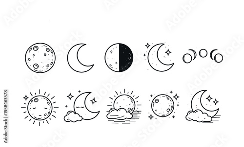 Collection of cute celestial bodies and moon phases in a simple line art style