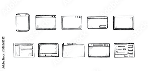 Collection of hand-drawn UI elements and interface windows for web and app design