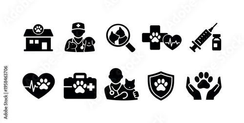 Collection of veterinary clinic and pet care icons