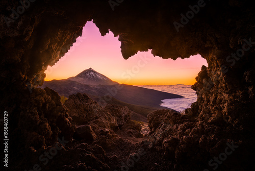 Pico del Teide, the highest mountain of Spain. Beautiful sunrise by the volcano. Epic volcanic rocks, cliffs, lava, forest. Premium landscape from pure national park, Tenerife, Canary Islands 