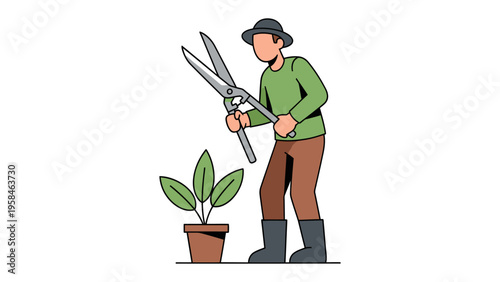 Gardener Tending to Plant: A gardener, depicted in a minimalist style, carefully trims a plant in a pot with large gardening shears, showcasing dedication to garden care.