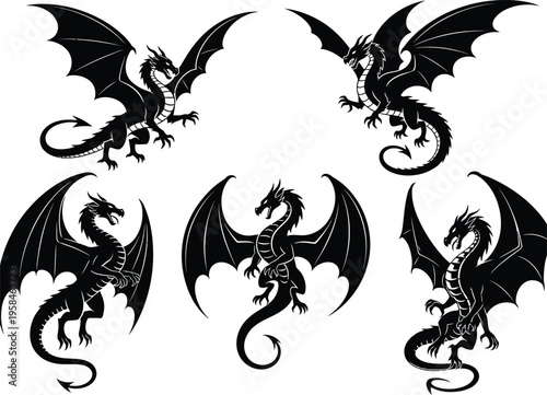 Five mythical dragons with wings spread wide in various flying positions