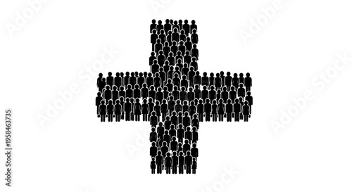Large group of people forming a medical cross symbol on white background