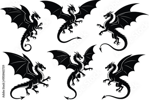 Collection of six black dragon silhouettes in various flying positions