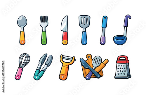 Collection of colorful cartoon kitchen utensils and cooking tools