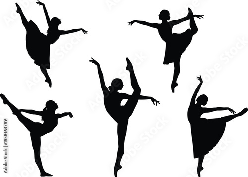 Silhouettes of five ballet dancers in various poses