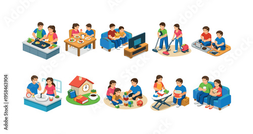 Family performing various daily household chores and leisure activities together